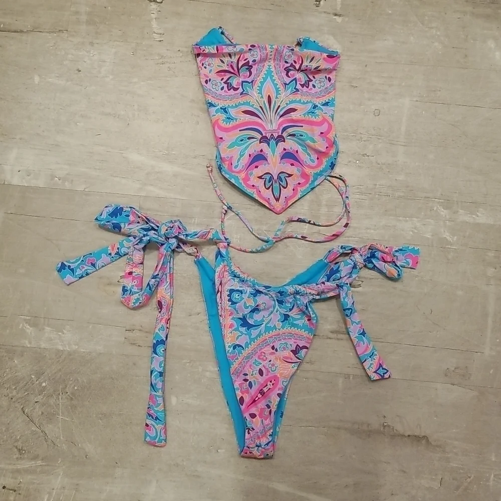 💕FRANKIE'S BIKINI💕 Halo Strapless Top + Willow Bottom ~ Scarf Print Medium
